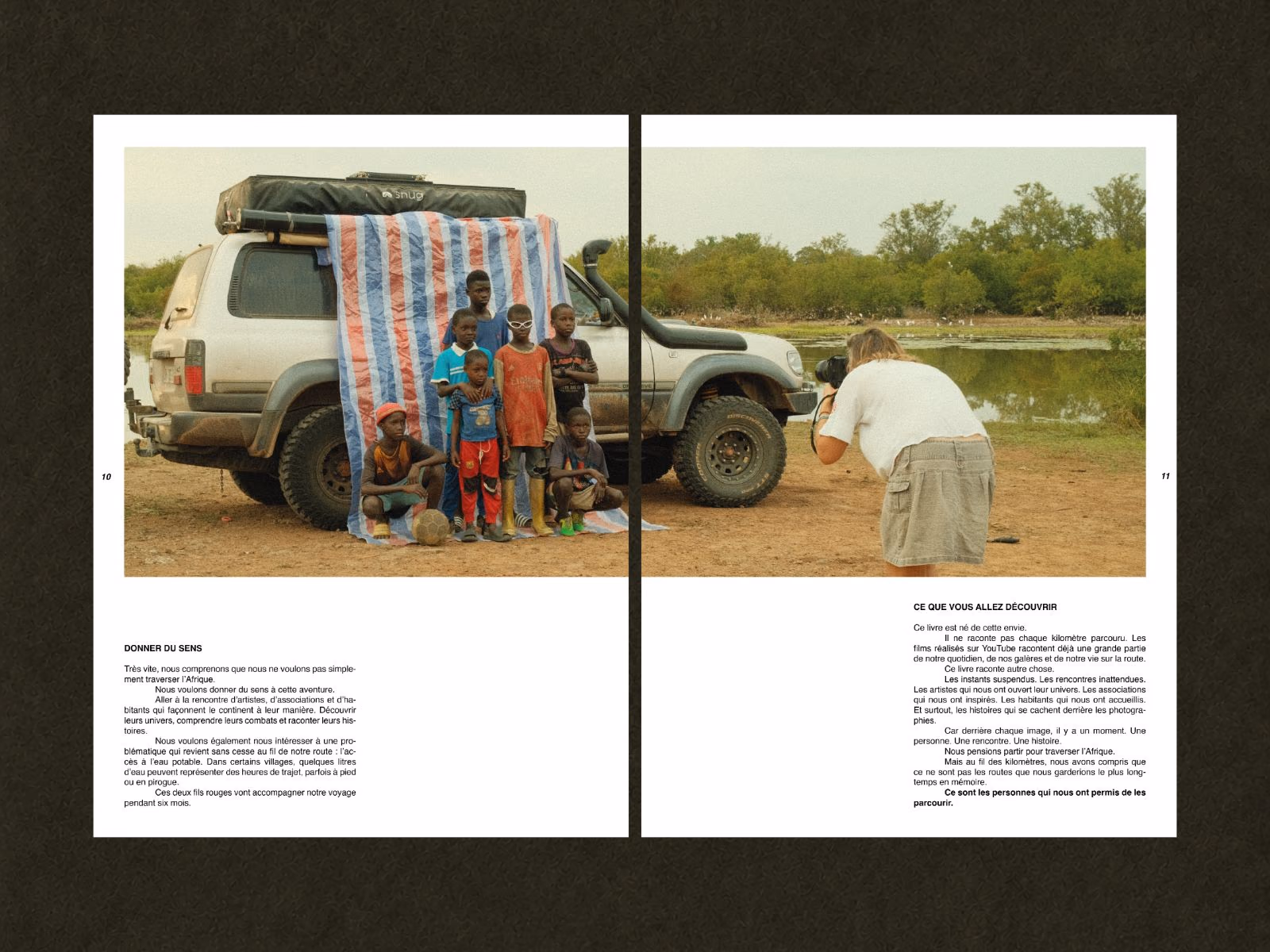 Pages 10 et 11 : « Donner du sens », Charlotte photographie des enfants devant le 4x4
