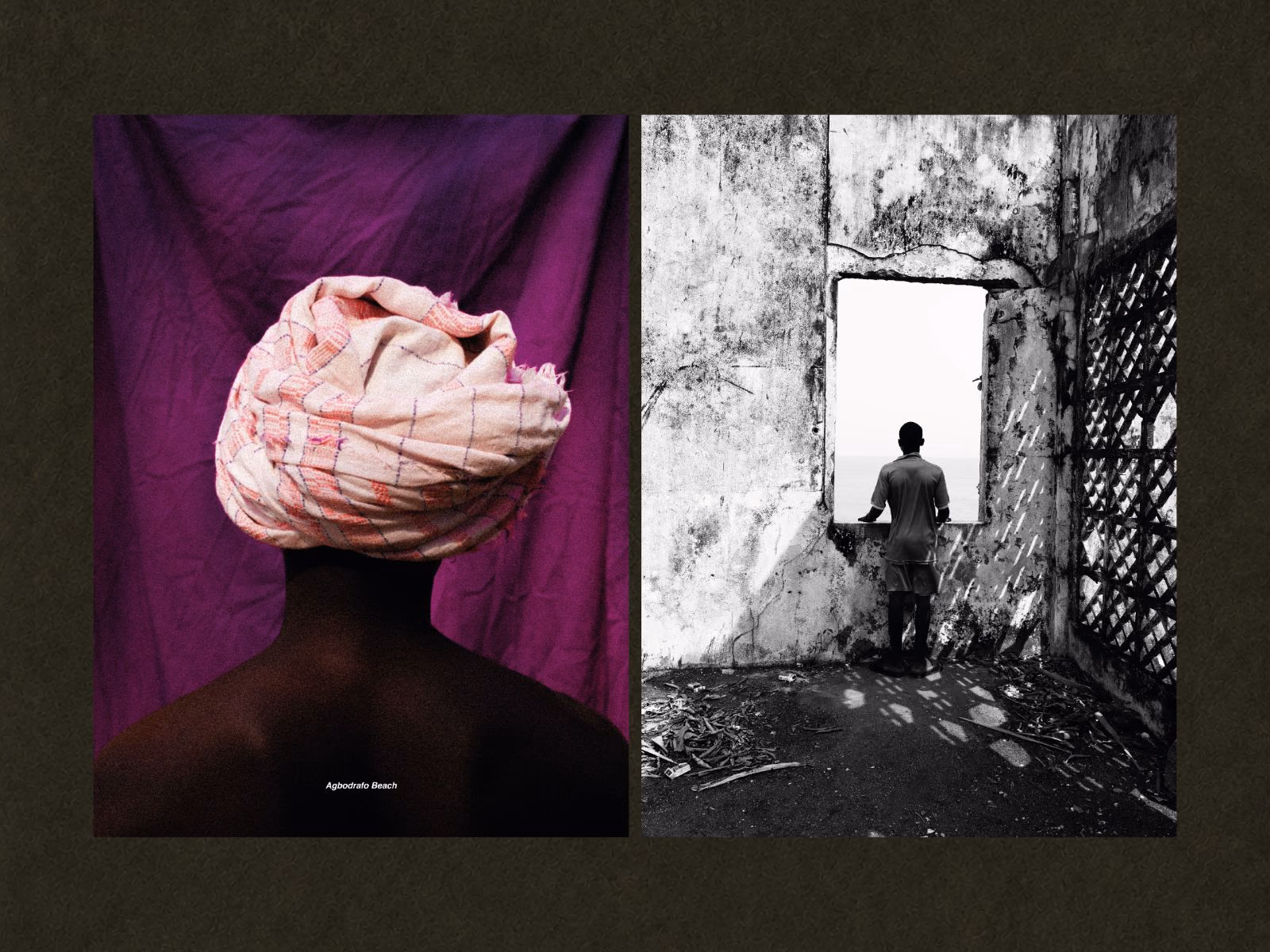 Pages 64 et 65 : un turban sur fond violet à Agbodrafo Beach et un garçon à la fenêtre d’une ruine
