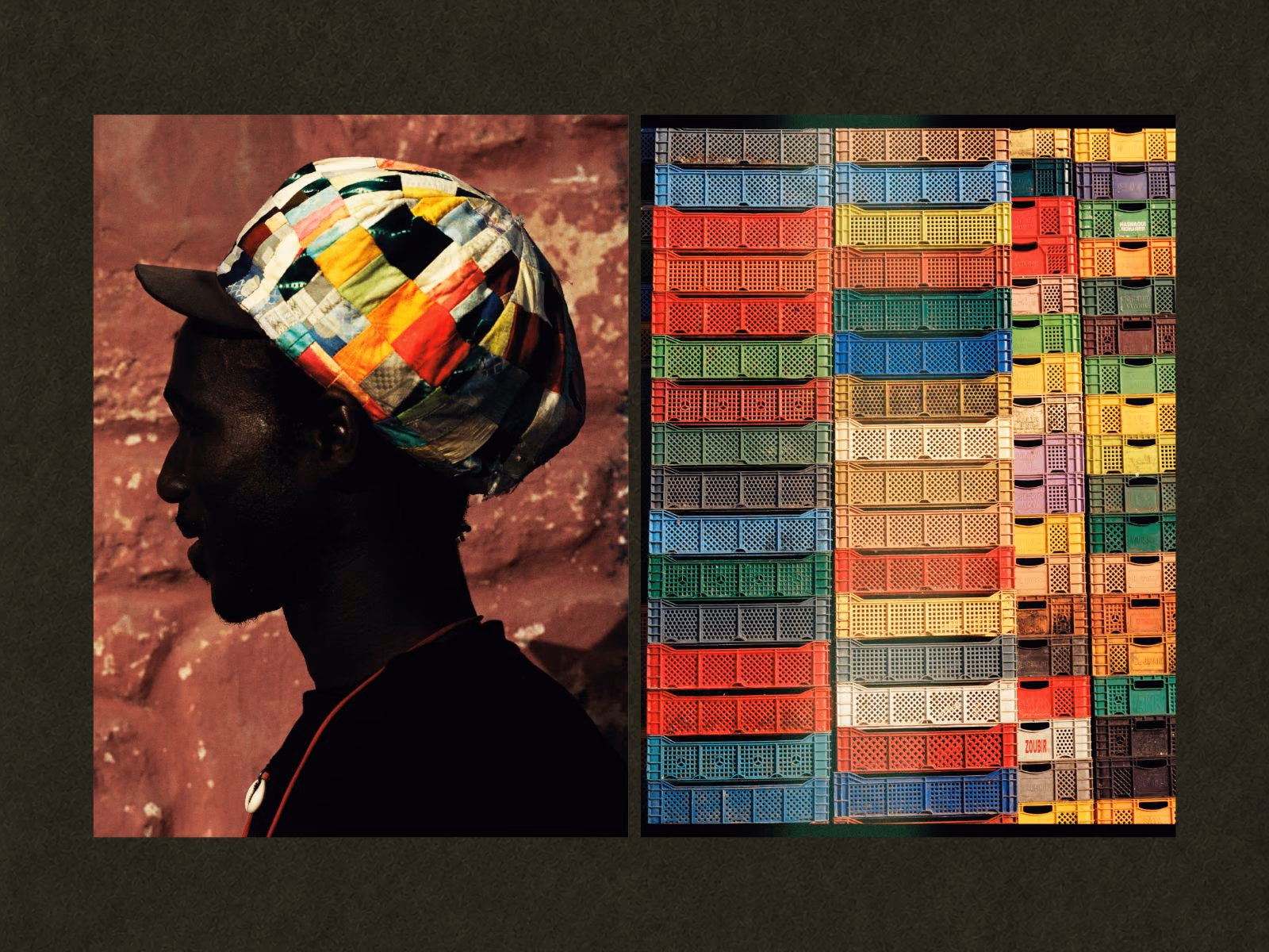 Double page : un homme au bonnet patchwork de profil et un mur de caisses colorées